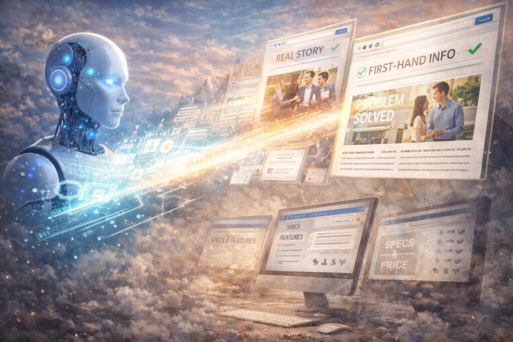 現在、Google検索をはじめとするWebの世界は、AI（生成AI）がユーザーの質問に直接答える時代へと急速にシフトしています。 その中で、AIが最も重要視しているのが「一次情報」です。

一次情報とは、どこかのコピペではなく、「自分たちの事業が、実際に『誰の』『何の課題』を解決したのか」を、当事者自らが語る生きた情報のことです。

世の中には、スペック（機能）や価格の安さだけを並べたWebサイトが溢れています。 しかし、単なる数値やデータの比較であれば、AIが一瞬で整理してしまいます。
つまり、スペックや価格のみで勝負しているサイトは、AI時代において真っ先に埋もれ、淘汰されていく運命にあるのです。